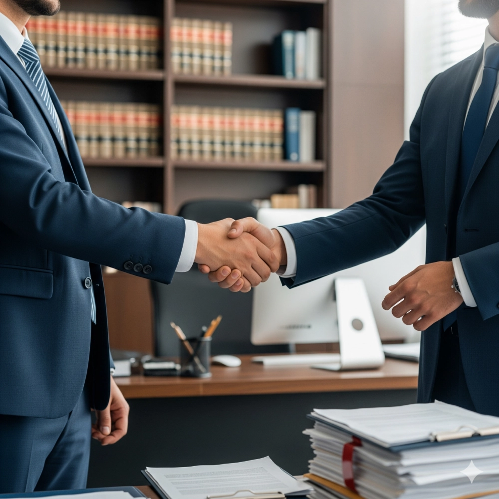 Professional handshake between lawsuit funding specialist and attorney showing partnership cooperation