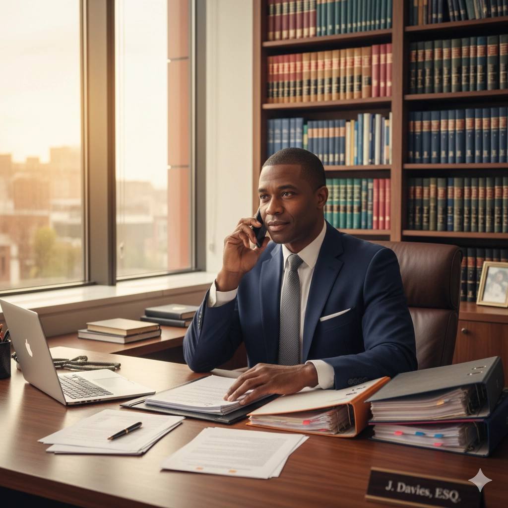 Professional attorney reviewing legal case documents for lawsuit loan approval process