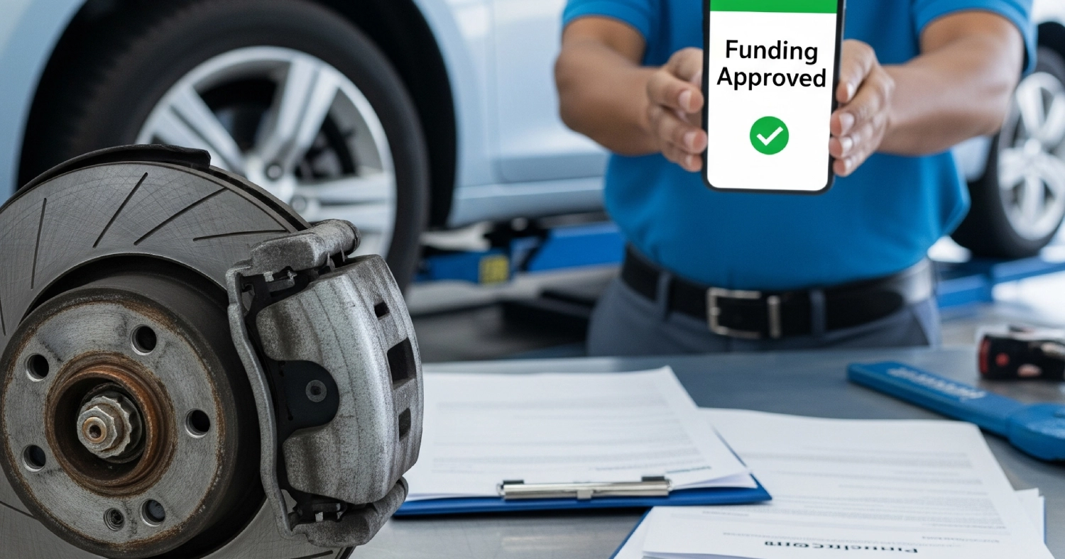 Brake failure accident loans for defective brake claims showing damaged brake components and lawsuit funding approval