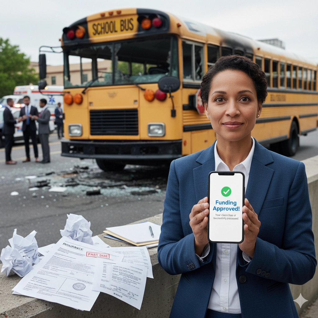 bus-accident-lawsuit-loans-funding-approval Bus accident lawsuit loans and funding approval for bus crash victims showing damaged bus and financial relief