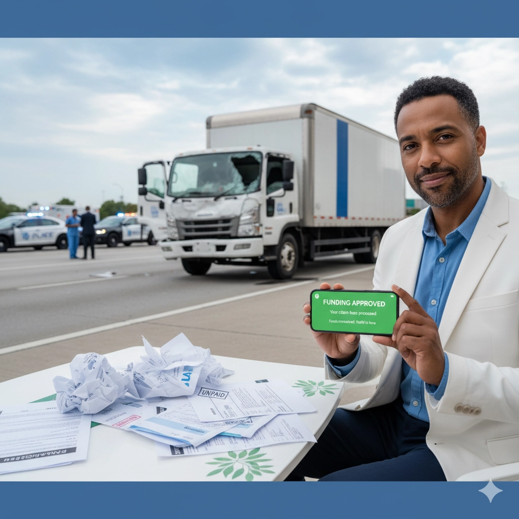 commercial auto accident loans and funding approval for commercial vehicle crash victims showing damaged truck and financial relief