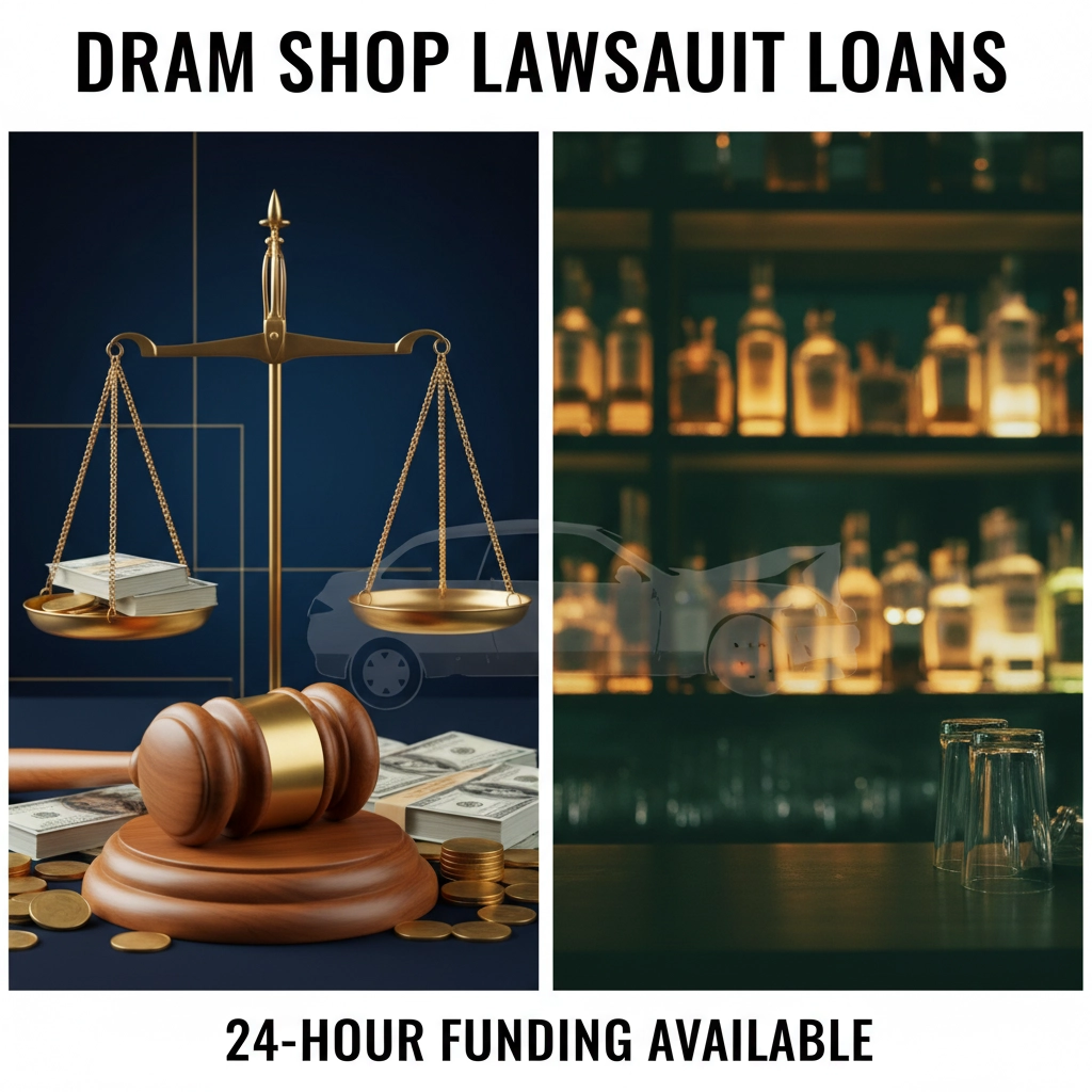 Dram shop lawsuit loans featured image showing gavel, scales of justice, cash, and bar background representing legal funding for alcohol liability cases