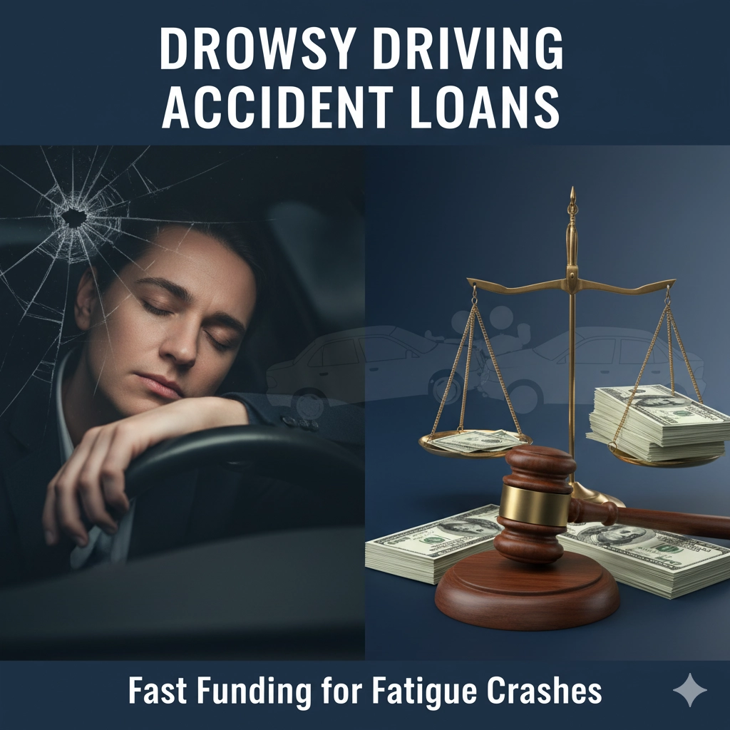 Drowsy driving accident loans featured image showing tired driver, cash, and legal symbols representing lawsuit funding for fatigued driver crashes