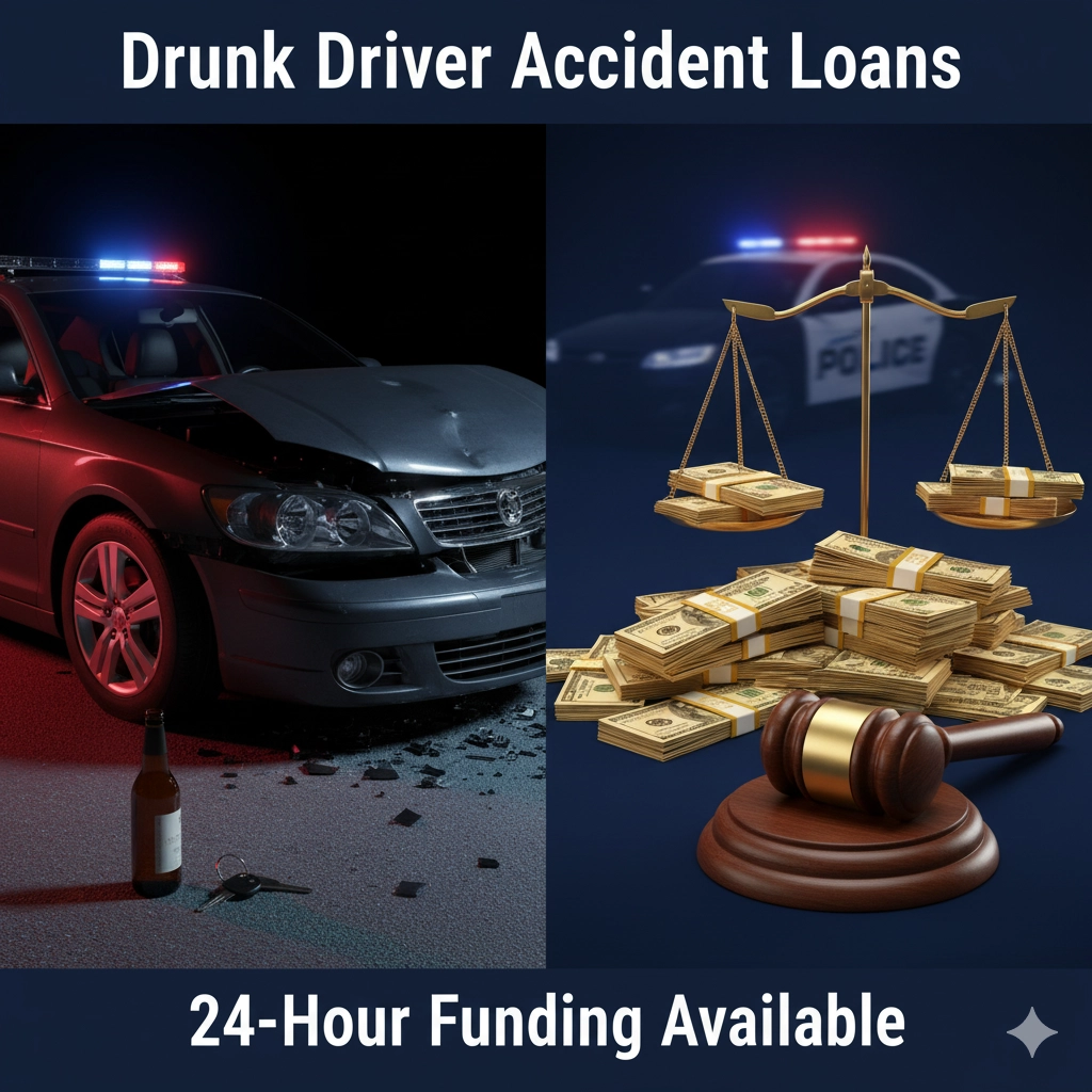 Drunk driver accident loans featured image showing car crash damage, alcohol, cash, and legal symbols representing lawsuit funding for DUI victims