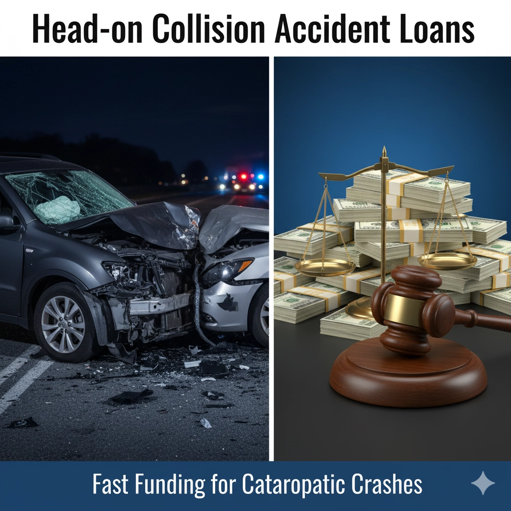 Head-on collision accident loans featured image showing frontal crash damage, cash, and legal symbols representing lawsuit funding for catastrophic head-on crashes