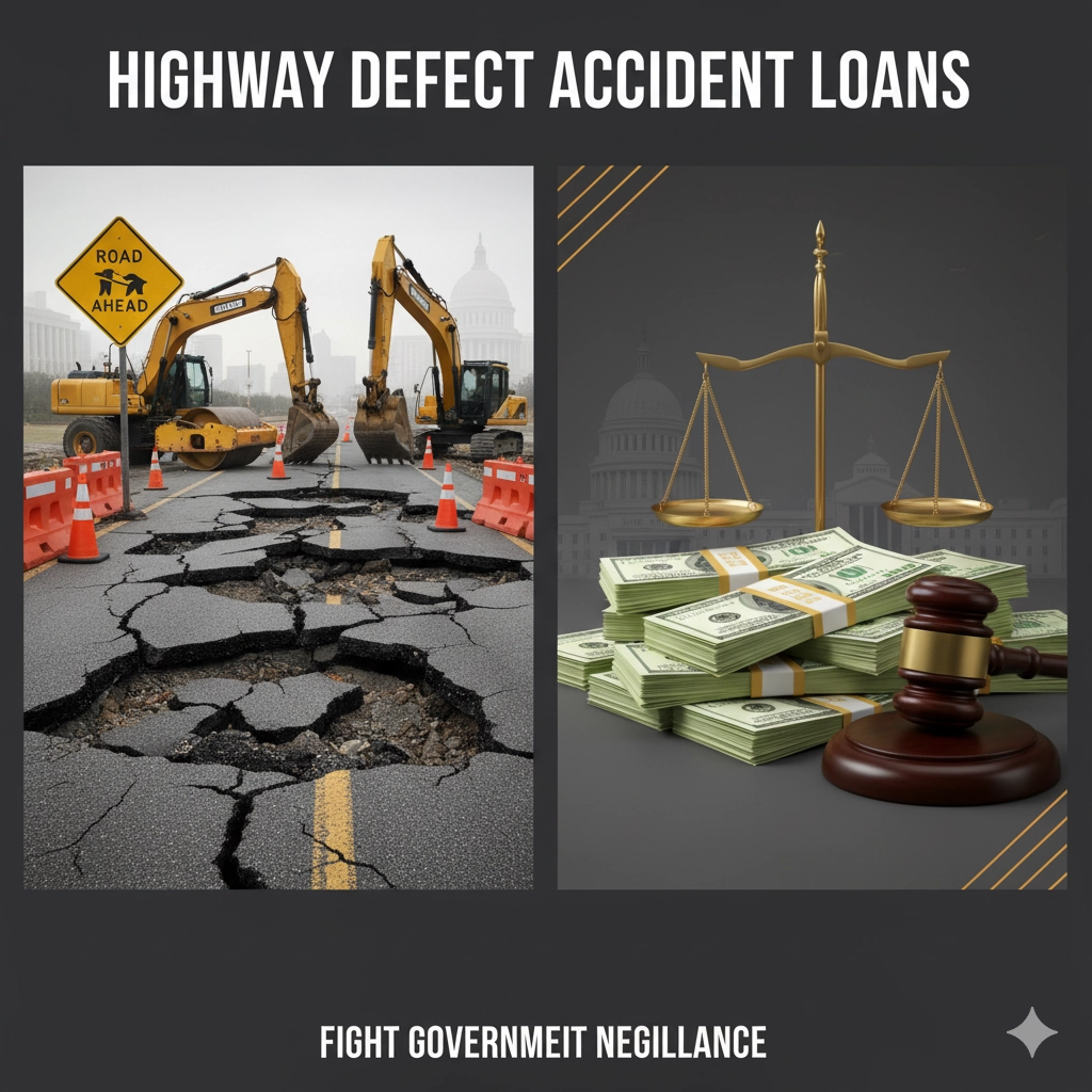 Highway defect accident loans featured image showing damaged roads, potholes, construction zones, cash, and legal symbols representing lawsuit funding for road condition accidents