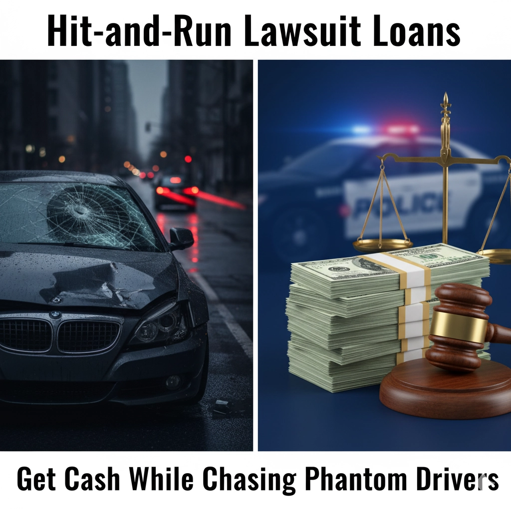 hit-and-run-lawsuit-loans-funding-featured-image Hit-and-run lawsuit loans featured image showing damaged car, fleeing vehicle taillights, cash, and legal symbols representing lawsuit funding for phantom driver accidents