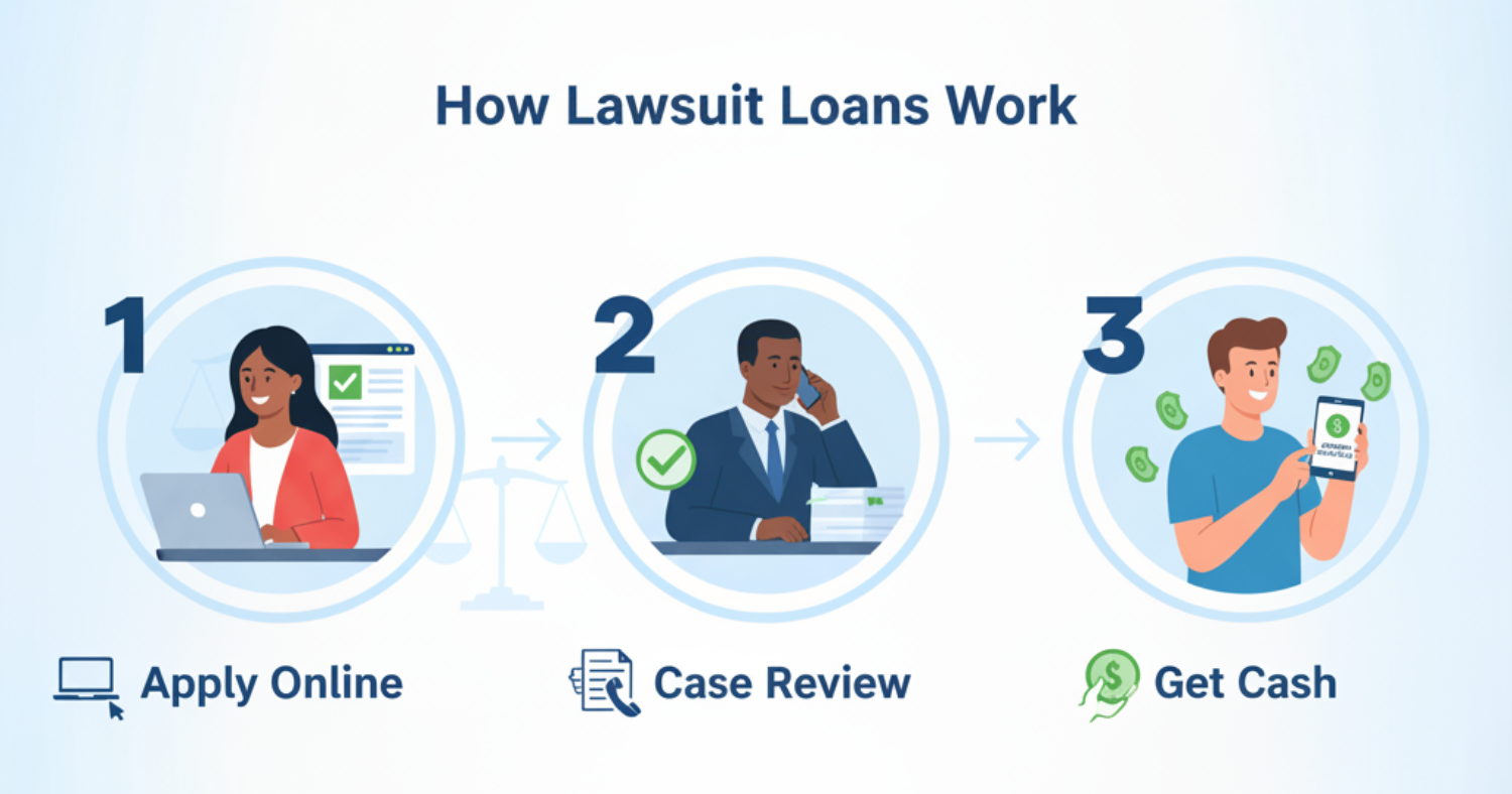how-lawsuit-loans-work-3-step-process How lawsuit loans work - 3 step process showing online application, attorney case review, and receiving cash funding