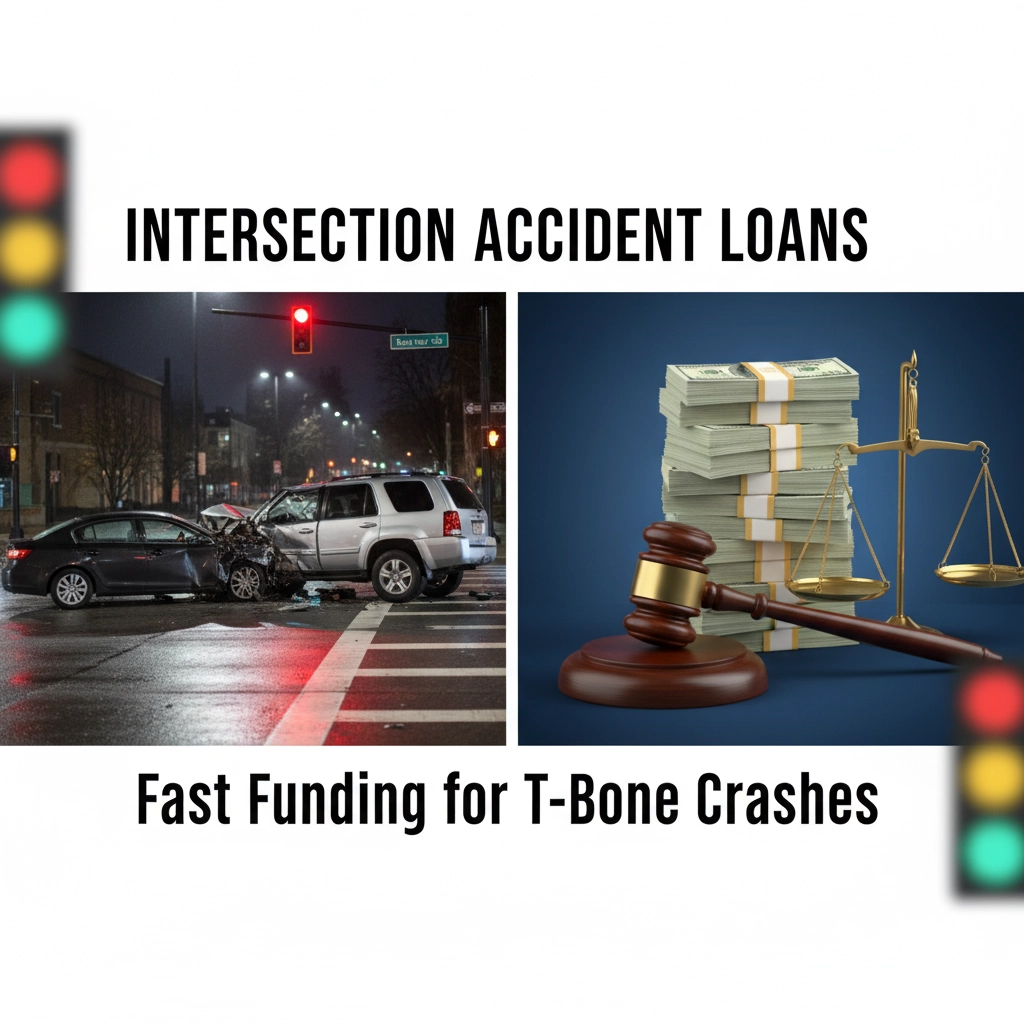 Intersection accident loans featured image showing T-bone collision at traffic light intersection, cash, and legal symbols representing lawsuit funding for crossroads crashes