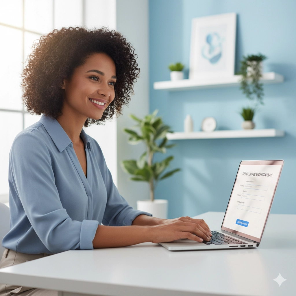 Woman completing lawsuit loan application online in minutes using laptop computer at home office