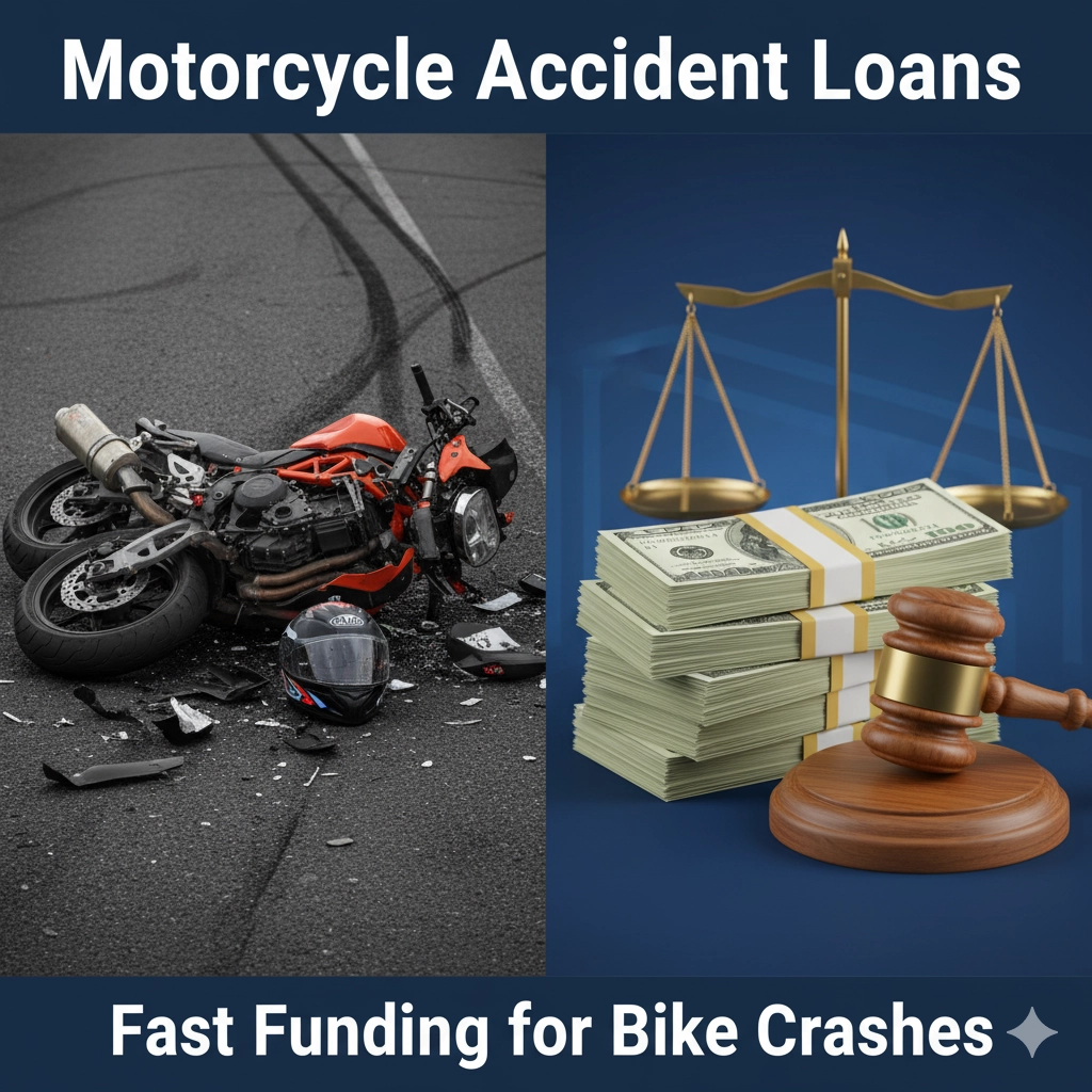 Motorcycle accident loans featured image showing damaged motorcycle crash scene, cash, and legal symbols representing lawsuit funding for bike accident victims