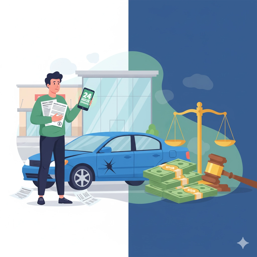 Person holding medical bills next to damaged car in parking lot representing parking lot accident loans and pre-settlement funding services