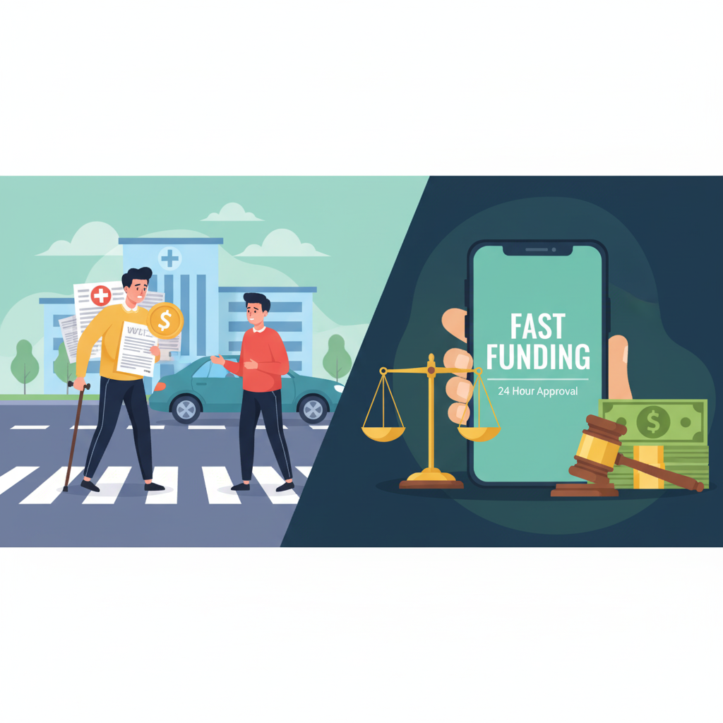 Pedestrian at crosswalk with person holding medical bills representing pedestrian accident lawsuit loans and pre-settlement funding services