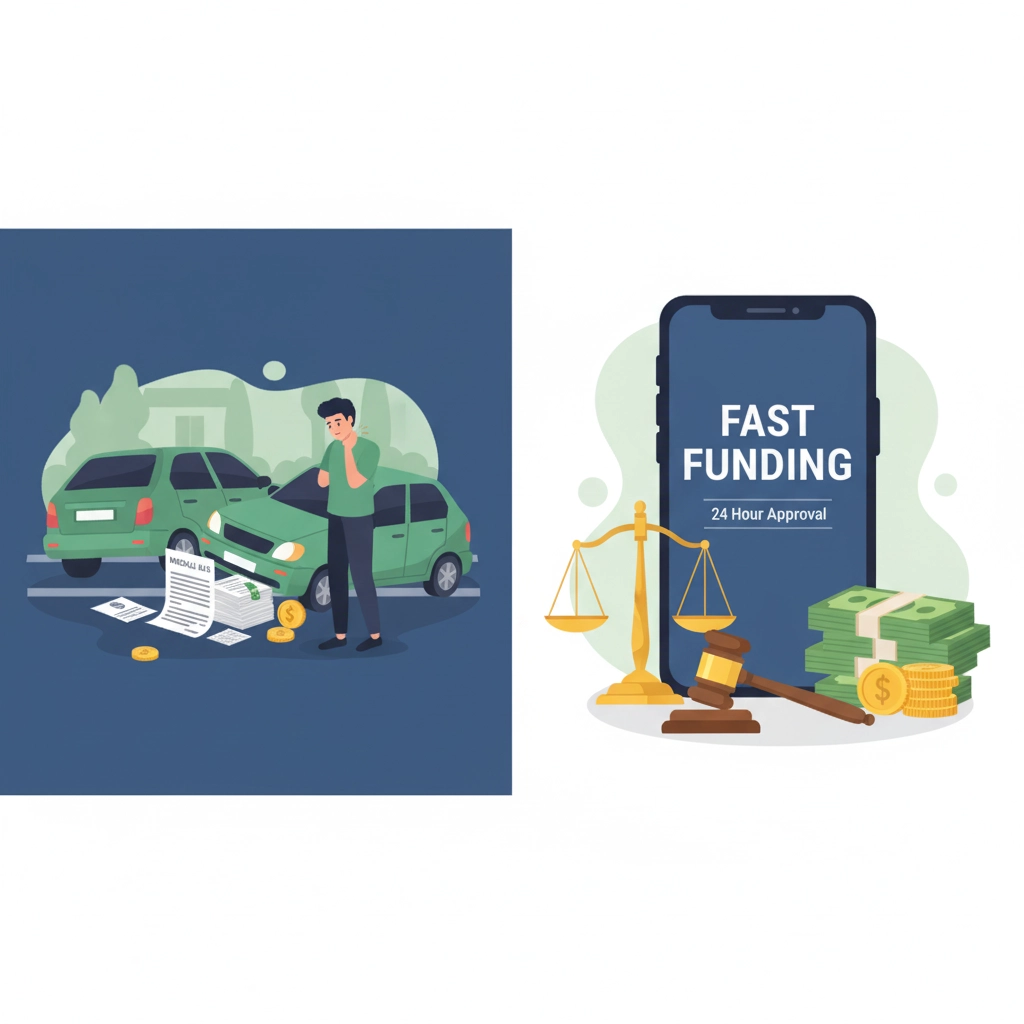 rear-end-collision-lawsuit-loans-funding-cash-advance Rear-end collision scene with person holding medical bills representing rear-end collision lawsuit loans and pre-settlement funding services