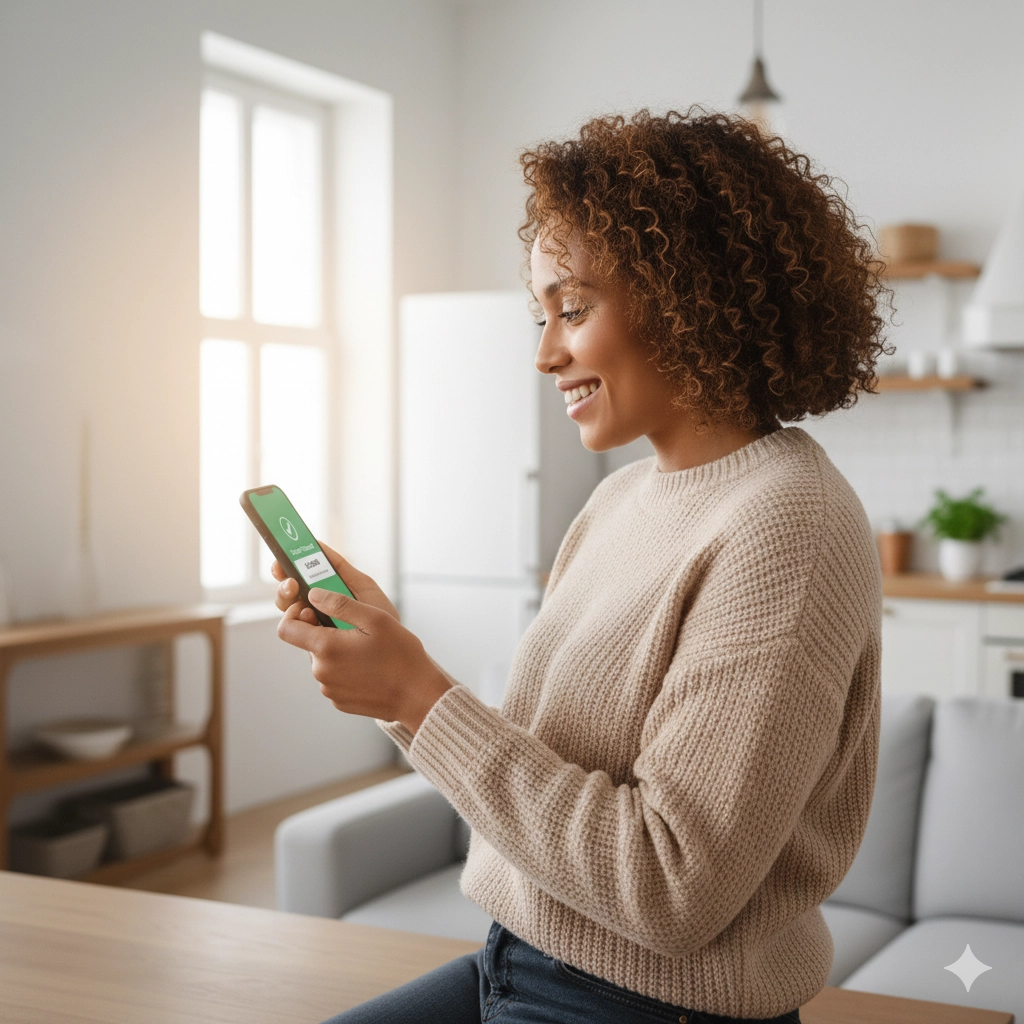 Happy woman receiving lawsuit loan funds via mobile banking app notification