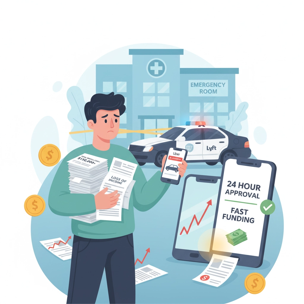Rideshare vehicle accident scene with person holding medical bills representing ridesharing accident loans and pre-settlement funding services