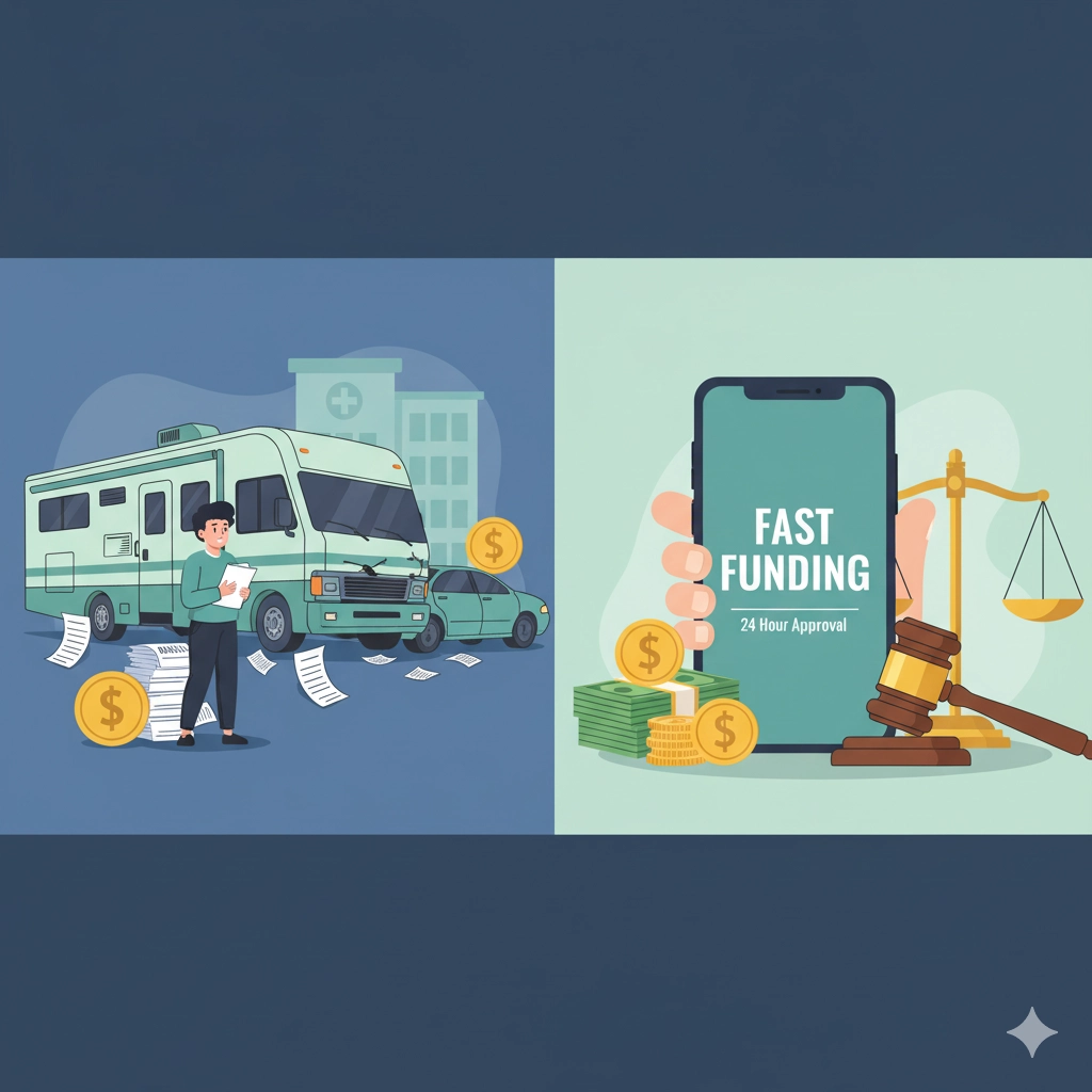 RV accident scene with person holding medical bills representing RV accident lawsuit loans and pre-settlement funding services