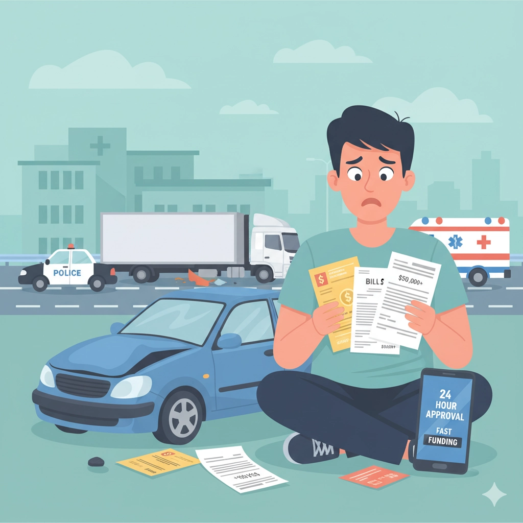 Semi truck accident scene with person holding medical bills representing semi truck accident lawsuit loan and pre-settlement funding services