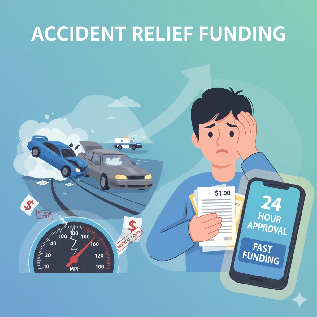 Speeding car accident scene with person holding medical bills representing speeding car accident loans and pre-settlement funding services