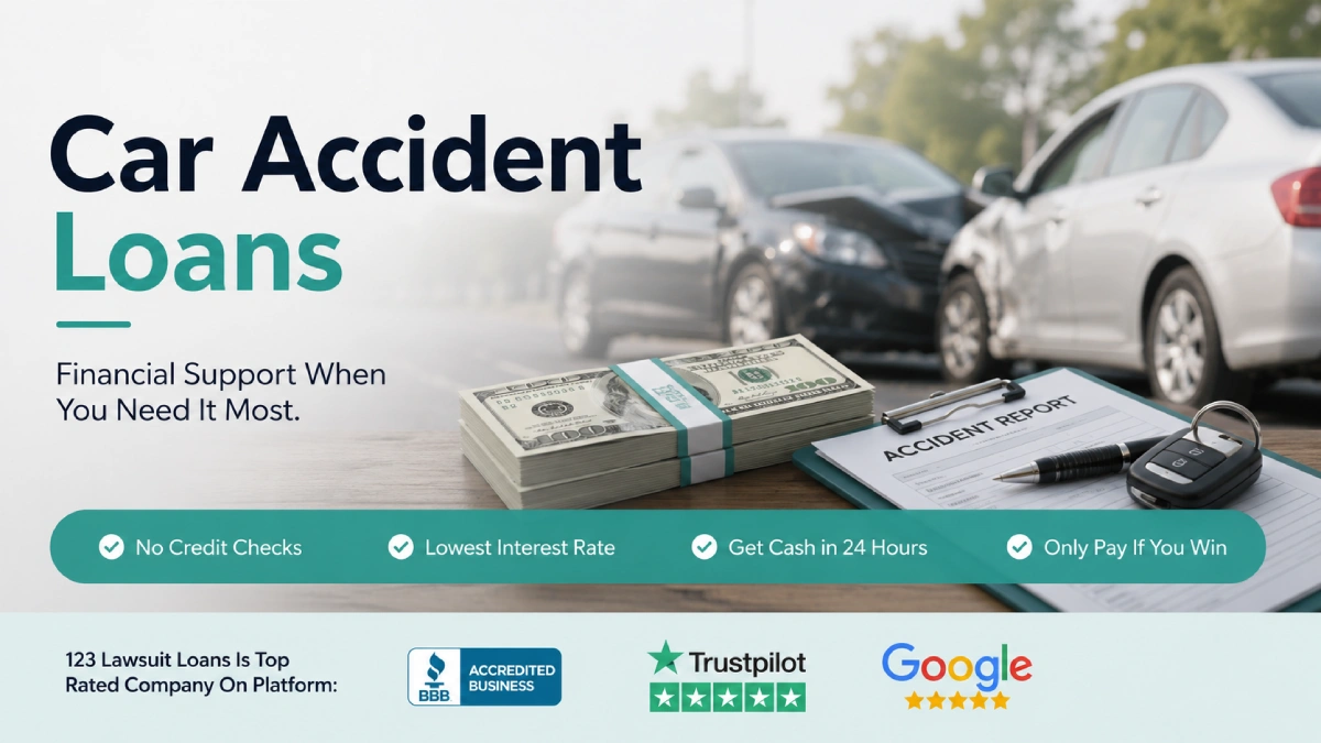 Car accident lawsuit loans featured image showing two damaged vehicles after a collision with legal documents, settlement paperwork, and financial assistance imagery representing pre-settlement funding for personal injury claimants.