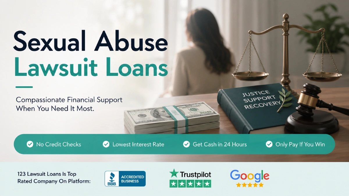 Sexual abuse lawsuit loans featured image showing justice scales, legal documents, and financial assistance imagery representing confidential pre-settlement funding for sexual abuse survivors pursuing legal claims.